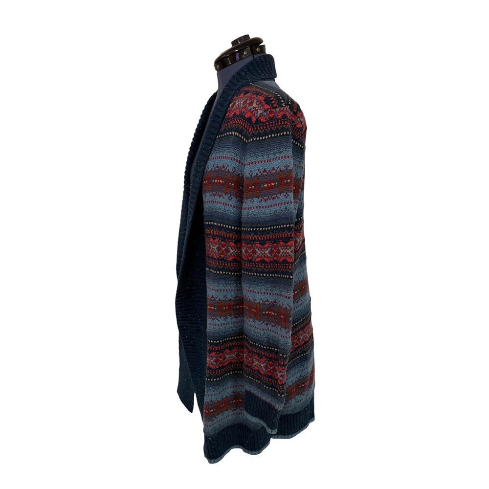 LL Bean Womens Blue Fair Isle Shawl Collar Open Front Cardigan Cabin Grandpa  L - Picture 3 of 14